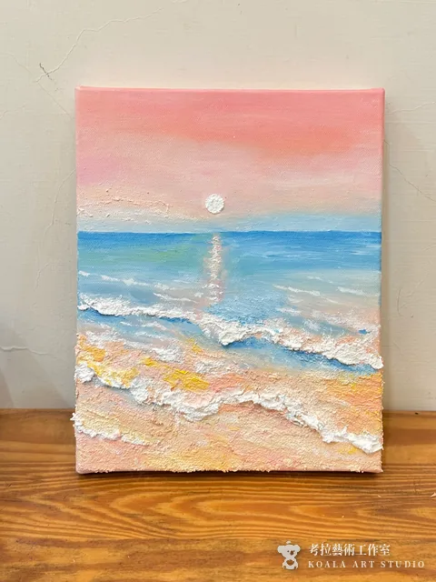 粉色夕陽壓克力肌理畫作品