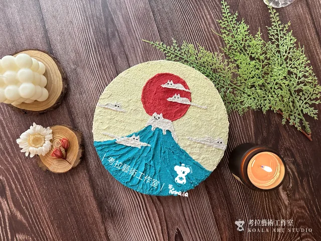 貓咪富士山壓克力肌理畫作品