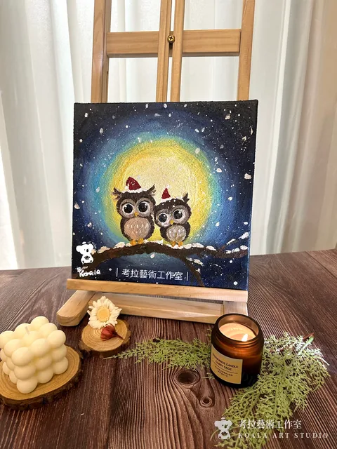 貓頭鷹聖誕夜｜壓克力肌理畫作品