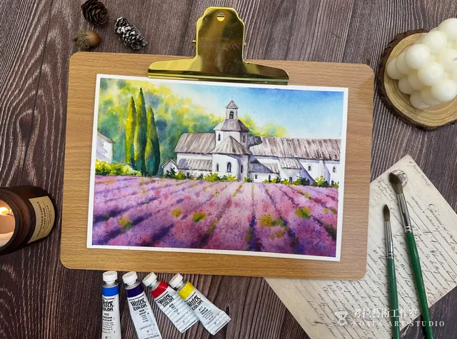 薰衣草田水彩作品
